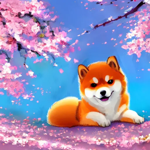 Image similar to a cute fluffy shiba inu plays under the cherry blossom tree, highly detailed, digital painting, artstation, concept art, movie still, smooth, sharp focus uhd 8 k