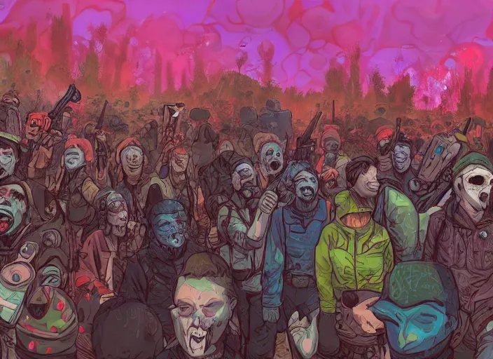 Prompt: a group of psychopathic bandits are at an impass, a crowd of apocalyptic survivors stand ready with their guns, the surrounding environment is psychedelic and bubbling like inky water, the sky is filled with the faces of the damned, digital painting masterpiece, trending on artstation and pixiv, bright and colorful happy art