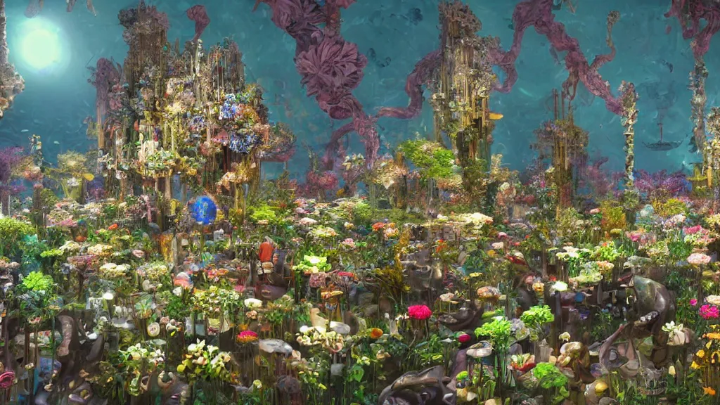 Prompt: a centered render of intricate modular synthesizer of cenacolo vinciano, shining its light across a tumultuous sea of flowers, undersea animals, gothic crystal tables and chairs by dorothea tanning and salvador dali, trending on artstation, cyber punk, soft color, unreal engine, high detailed, 8 k