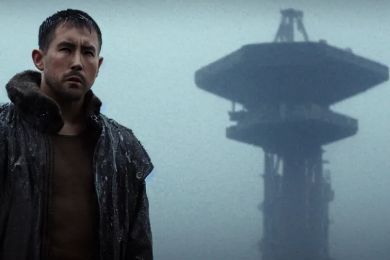 Image similar to a still from bladerunner 2 0 4 9 depicting a medium shot of akie kotabe wearing wet weather gear. he stares intently into the camera with a worried expression. behind him is a futuristic oil rig in the deep ocean. sci fi, futuristic, cinematic, low light, soft focus.