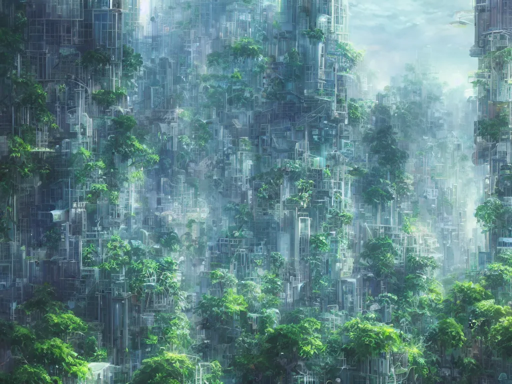 Image similar to futuristic city, lush vegetation, humid, early evening, diagonal view, geometric buildings, cloudy, beautiful, dull pastel colors, realistic, foggy, dreamy, nostalgic, bright, trending on artstation by yoshitaka amano and makoto shinkai, studio ghibli style