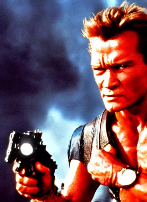 Prompt: film still of Patrick Swayze as The Terminator in Terminator, 4k