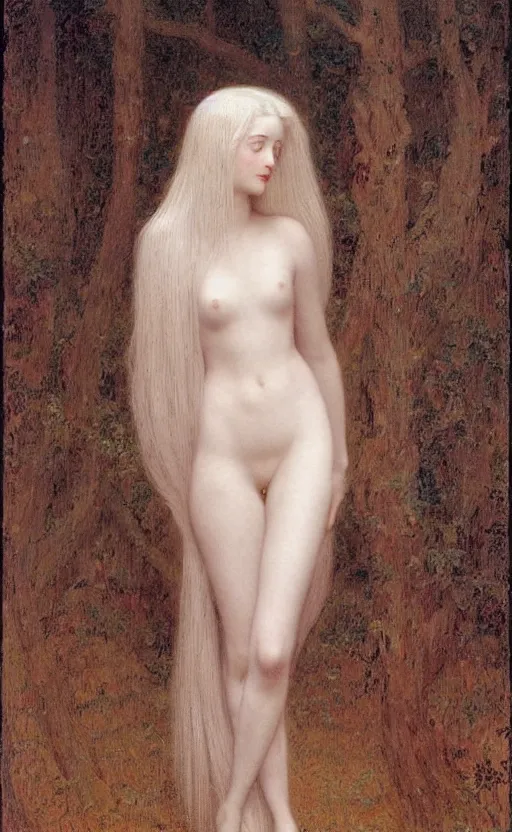 Image similar to Say who is this with silver hair so pale and Wan! and thin? beautiful lone single feminine!! angel, Aphrodite, in the style of Jean Delville, Lucien Lévy-Dhurmer, Fernand Keller, Fernand Khnopff, oil on canvas, 1896, 4K resolution, aesthetic, mystery