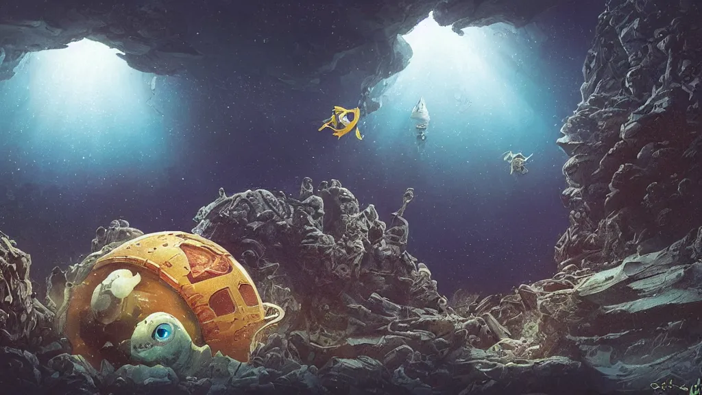 Image similar to An astronaut is under the sea, he has a big egg, he is swimming away from the giant Morgawr that is behind hunting him, the Morgawr is evil, this is an extravagant planet with wacky wildlife and some mythical animals, the background is full of ancient ruins, the ambient is dark with a terrifying atmosphere, by Jordan Grimmer digital art, trending on Artstation,