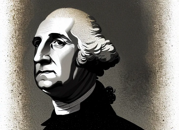 Prompt: illustrated portrait of george washington, mads berg, karolis strautniekas, christopher balaskas, stippled light, low fog, moody, fine texture, editorial illustration, dramatic lighting, dynamic composition, detailed, matte print, muted color, ( ( victo ngai ) ), wide angle