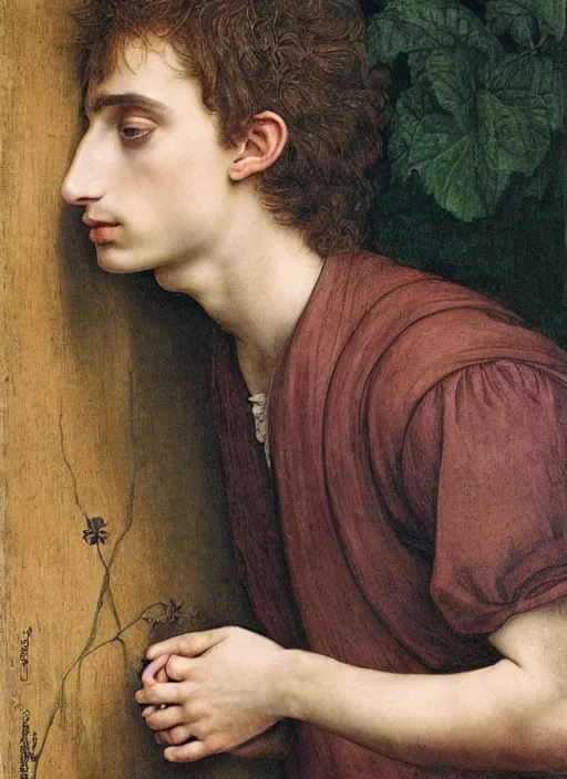 Prompt: (((( a painting of a Timothee Chalamet looking at a flower, a character portrait by Dürer, behance, pre-raphaelitism, da vinci, pre-raphaelite, detailed painting“