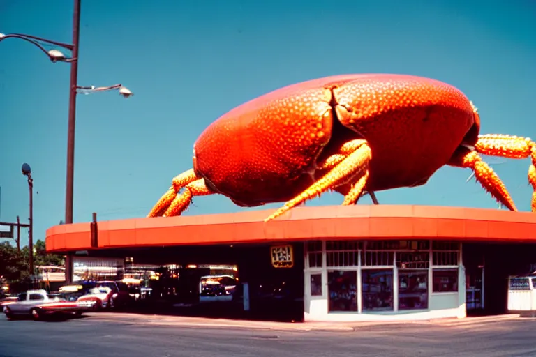 Image similar to 2 0 1 5 giant crab terrorizing a city, googie architecture, americana, fishcore, exterior photography, hd 8 k, photography cinestill