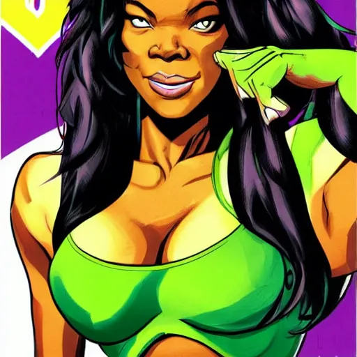 Image similar to Actress Gabrielle Union as She-Hulk, poster framed, comic pinup style, sports illustrated, highly detailed, artstation, illustration, posterized, Roge Antonio, Jen Bartel
