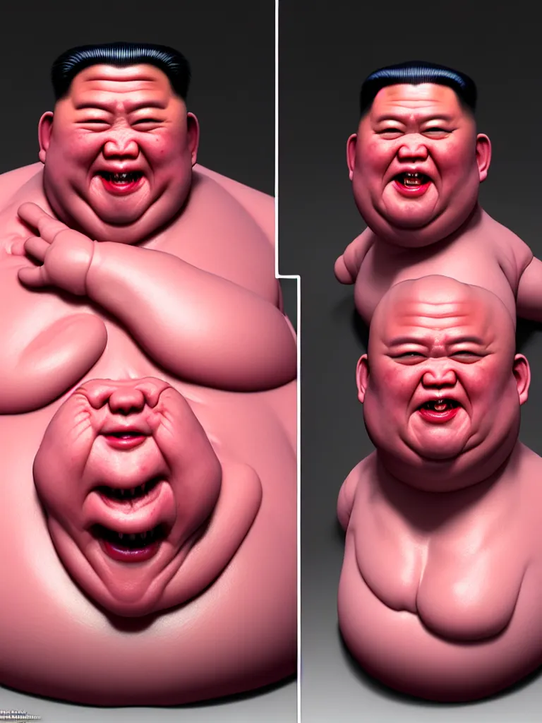 Image similar to hyperrealistic rendering, fat smooth cronenberg flesh monster kim jong - un by donato giancola and greg rutkowski and wayne barlow and zdzisław beksinski, eyeballs, product photography, action figure, sofubi, studio lighting, colored gels, colored background