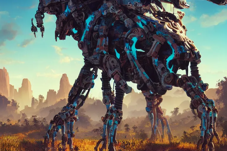 Image similar to tallneck machine mecanical creature robot of horizon forbidden west horizon zero dawn radiating a glowing aura global illumination ray tracing hdr fanart arstation by ian pesty and alena aenami artworks in 4 k