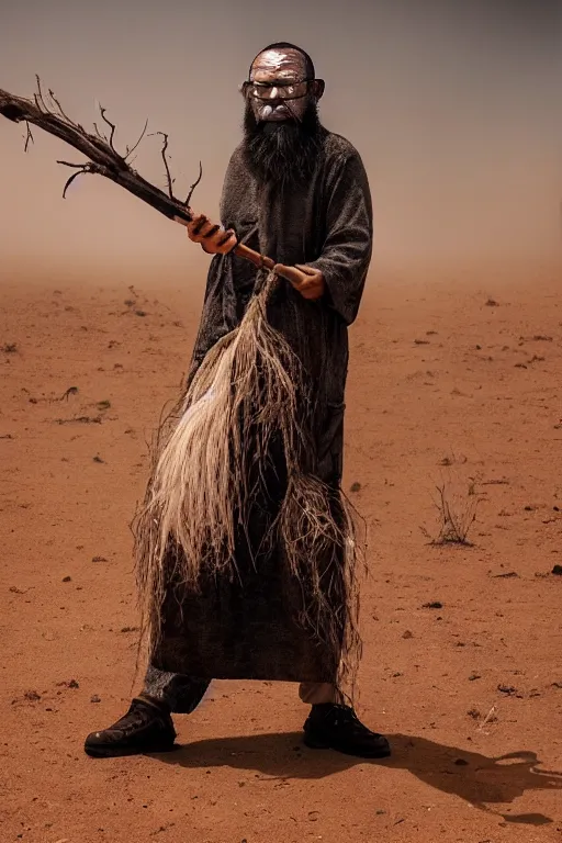 Image similar to full body shot of hanging old asian man with long beard, his head covered in roots, full face occult silver mask, bright multiple glowing eyes, holding a large carved wooden dark fractal stick, hanging upside down, thick smoke around him, in the burning soil desert, cinematic shot, wide angle, dark desert background, volumetric lighting by Denis Villeneuve, Lubezki, Gaspar Noe, Christopher Doyle and Alejandro Jodorowsky, anamorphic lens, anamorphic lens flares, kodakchrome, cinematic composition, practical effects, award winning photo, 8k