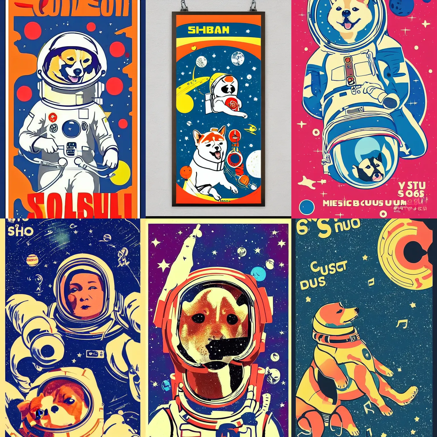 Prompt: cosmonaut Shiba Inu dog in space , 60s poster, in the style of a music poster 1969