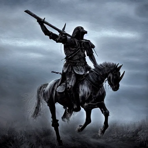 Prompt: a haunting Digital art of a tired spartan soldier riding a skeleton horse on the battlefield in the style of an oil painting, acrylic, bleak, moonlight, detailed, dark, ominous, threatening, haunting, forbidding, gloomy,stormy, doom, apocalyptic,sinister, shadowy, ghostly,unnerving, harrowing, dreadful ,frightful, shocking, terror, hideous, ghastly, terrifying