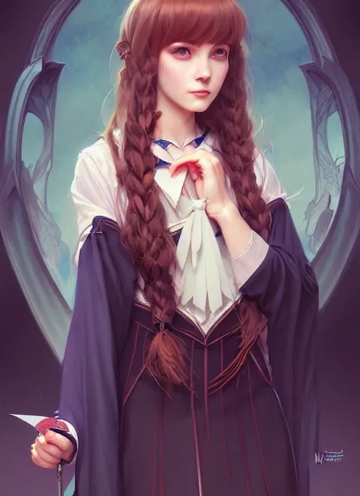 Prompt: portrait adult female witch student, magic university school dress, bangs hairstyle, illustration, highly detailed, digital painting, concept art, matte, art by wlop and artgerm and greg rutkowski and alphonse mucha