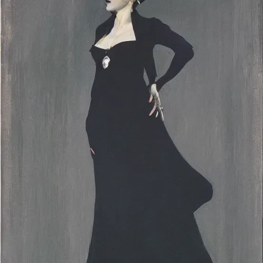 Prompt: Amused woman in dark dress, by Robert McGinnis.