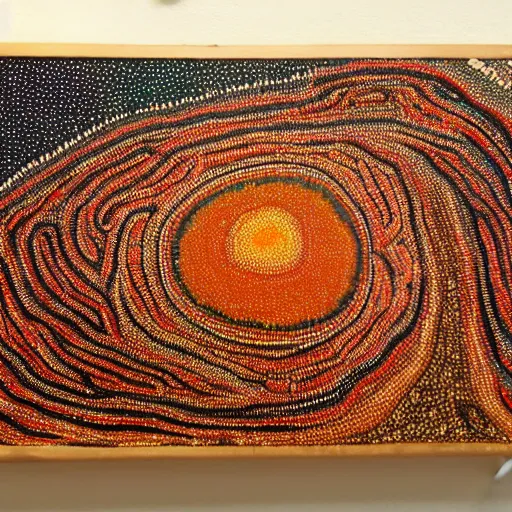 Image similar to earth painted in the style of australian aboriginal art, detailed painting, dot painting, dreamtime, indigenous, ochre papunya tula,