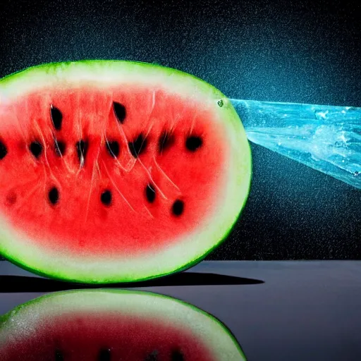 Image similar to an exploding watermelon where each piece of water melon has a mirrored surface that’s reflects a dystopian world, 4K vivid