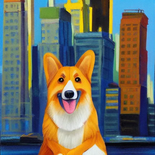 Prompt: giant welsh corgi dog standing over new york city skyline, painting