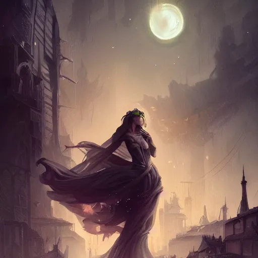 Prompt: a detailed illustration of a weeping woman against the background of a ravaged city and a dark moonlit sky, artstation, by Peter Mohrbacher, Art Nouveau, sophisticated, Unreal engine, dystopia, anti-utopia, post processing, nostalgic melancholic artwork, intricate