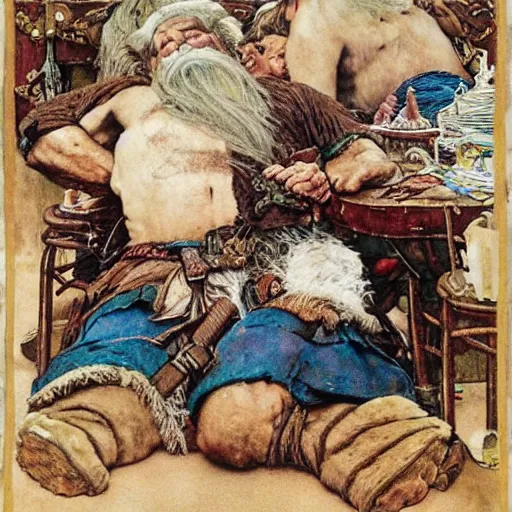 Image similar to detailed photo of extremely beautiful dwarves having good rest after work, intricate details, norman rockwell style