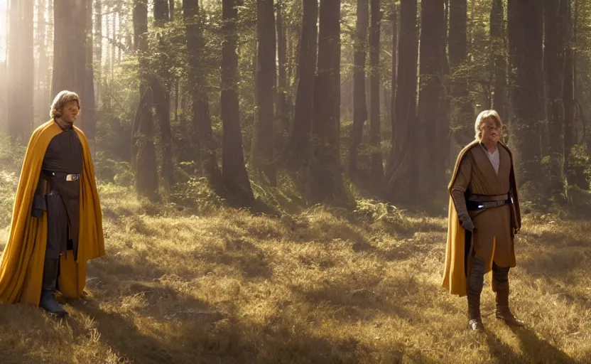 Prompt: cinematic still image screenshot portrait of luke skywalker in yellow cape talking to maz kanata diplomatic, dramatic scene from force awakens crisp 4 k 7 0 mm imax, moody iconic scene, directed by jj abrams, beautiful backlit, forest pink planet