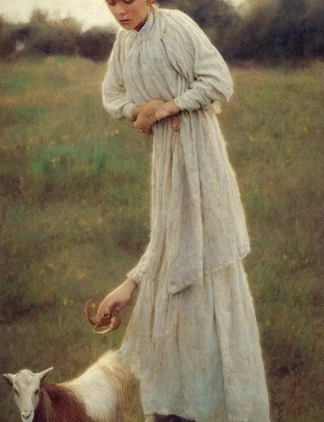 Image similar to portrait of peasant girl pet a goat, cottage core, cinematic focus, polaroid photo bleached vintage pastel colors high - key lighting, soft lights, foggy, by steve hanks, by lisa yuskavage, by serov valentin, by tarkovsky, 8 k render, detailed, oil on canvas