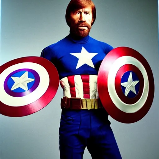 Image similar to uhd candid photo of chuck norris dressed as captain america, wearing extremely intricate costume. photo by annie leibovitz