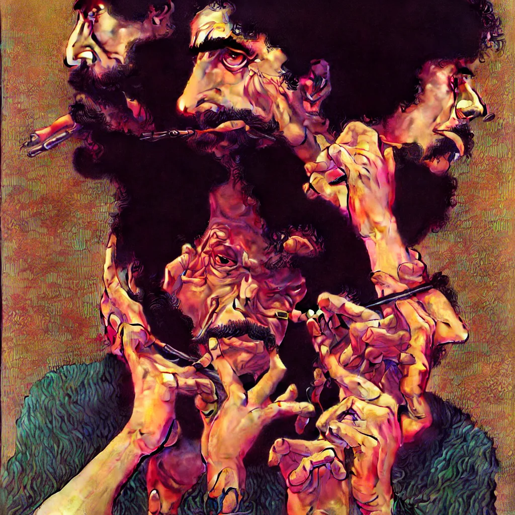 Image similar to weird and disturbing portrait of frank zappa smoking, vivid colors, neon, art by ( ( ( kuvshinov ilya ) ) ) and wayne barlowe and gustav klimt and artgerm and wlop and william - adolphe bouguereau