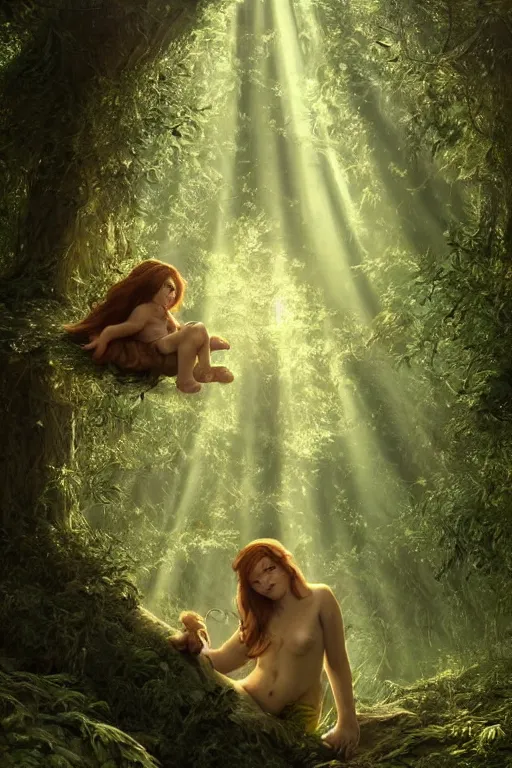 Image similar to mean fluffy teddybear protecting girl in a forest with rays of light coming through the canopy, masterpiece, dystopian, sci-fi, extremely detailed, digital painting, sculpted in zbrush, artstation, concept art, smooth, sharp focus, illustration, chiaroscuro lighting, golden ratio, incredible art, artgerm, greg rutkowski, alphonse mucha, simon stalenhag, carravaggio