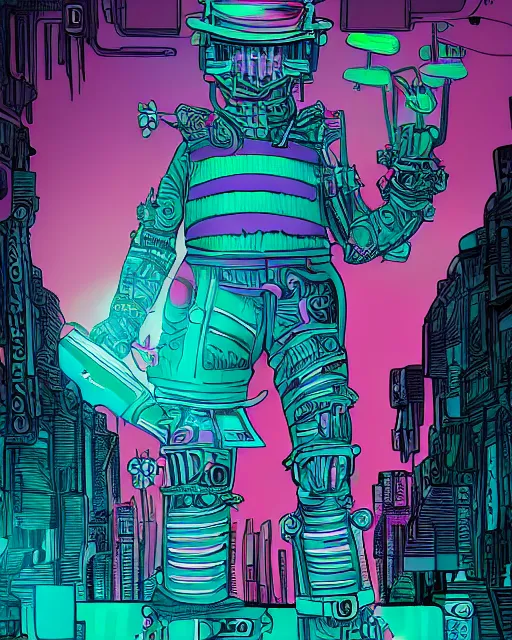 Image similar to mcyberpunk tinman, from the wizard of oz, teal and pink color scheme, hyper detailed danguiz, cyberpunk city street background