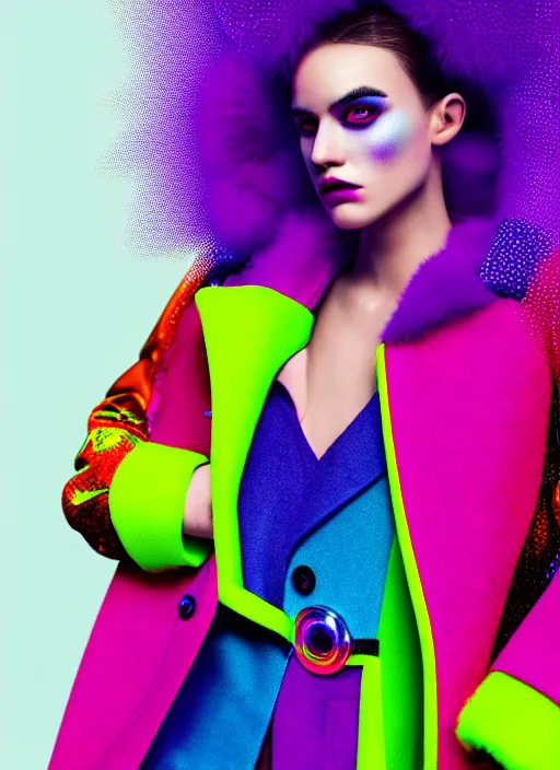 Image similar to coat for a rave, bright colors, many details, prints, photo for a magazine, photo for a store, fashion photography, Vogue, 135 mm, cinematic, hyper realism, high detail, octane render, 8k, chrome accents