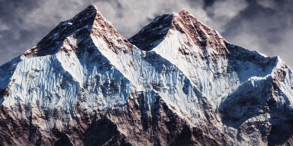 Image similar to a close - up photographic picture of a mount everest, photographic filter, unreal engine 5, realistic, hyperdetailed, 8 k, cinematic, volumetric lighting, very realistic effect, hd, hdr, 4 k, sharp focus, octane render, ultra detailed, high resolution, trending on artstation in the style of albert dros glowing rich colors powerful imagery