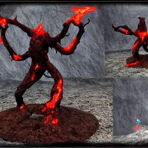 Image similar to molag bal, tyrant, glowing red eyes, lava pools, cracked ground, photorealistic