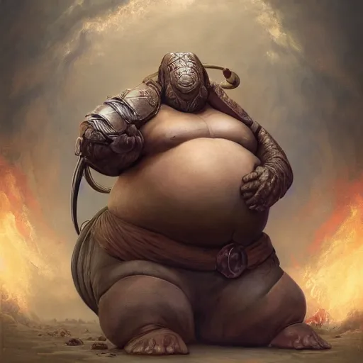 Image similar to fantasy portrait, portly elephantine man, wearing loincloth, holding holy symbol, rpg game, main character, detailed, digital painting, artstation, sharp focus, illustration, tomasz alen kopera, peter mohrbacher, donato giancola, joseph christian leyendecker, wlop, frank frazetta