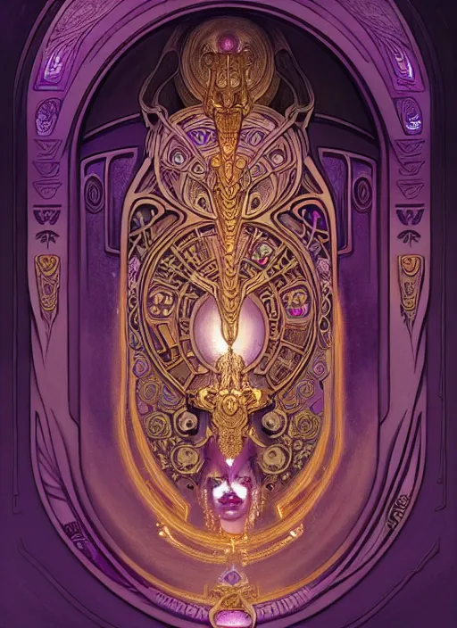 Image similar to ornate alien sacred sarcophagus, art nouveau hieroglyphics, lavender and gold palette, symmetry, fantasy, intricate, elegant, highly detailed, colorful, dark colors, dramatic shadow, digital painting, artstation, concept art, art by artgerm and greg rutkowski and ruan jia and fromsoftware