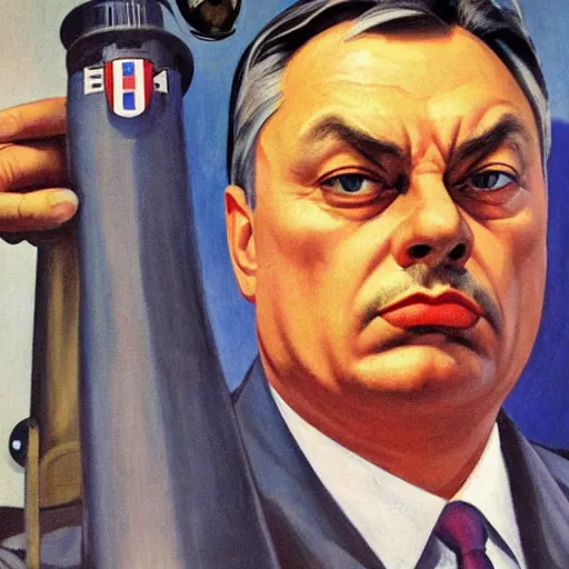 Image similar to highly detailed propaganda poster portrait of the leader of fascist hungary, viktor orban looking into the distance, oil pipes in the background, by edward hopper