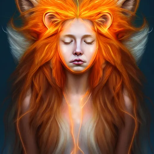 Image similar to Portrait of a girl angel with pale orange colored frizzy strands of illuminated hair, Lion essence, cat ears on her head, glowing halo, Lion's Mane, Cosmic, Lion's Gate, 8/8, fantasy, intricate, elegant, highly detailed, digital painting, artstation, concept art, smooth, sharp focus, illustration, art by Krenz Cushart and Artem Demura and alphonse mucha