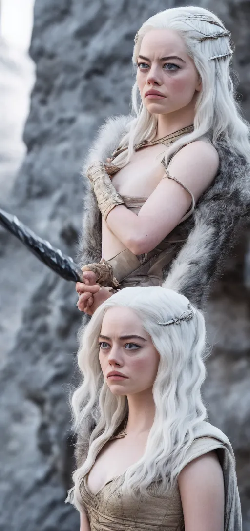 Prompt: Emma Stone as Daenerys Targaryen, XF IQ4, 150MP, 50mm, F1.4, ISO 200, 1/160s, natural light