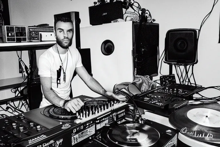 Image similar to gigachad as a dj, black and white photography, highly detailed