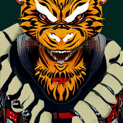 Prompt: a detailed portrait of a fashionable gopnik demon oni tiger wearing a gurokawa cybergrunge adidas outfit the style of william blake and norman rockwell, kubrick, rembrandt, junji ito undertones, crisp, vibrant color scheme, crisp, artstationhd