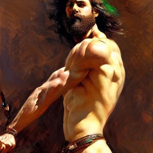 Image similar to young warrior marching, male, muscular, green eyes!!!!, straight nose!!!!!, beard, detailed face, thighs!!!!! gorgeous, amazing, muscular, intricate, highly detailed, painting by Gaston Bussiere, Craig Mullins