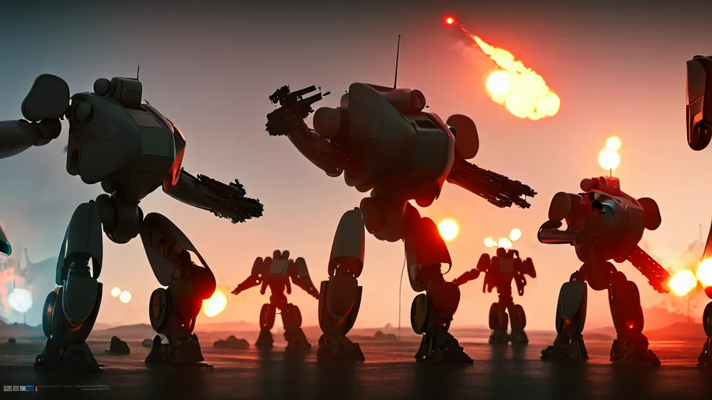 Prompt: futuristic mech soldiers firing away from the camera, eye catching composition, realistic, unreal engine 5, global illumination, detailed environment, bright colours, cinematic, atmosphere, 4 k