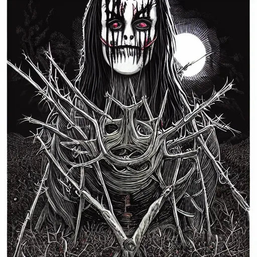 Image similar to full body detailed artwork of man wearing corpse paint and a crown on thorns with long black hair, tears of blood. Wide shot at night. Artwork by Junji Ito and dan Mumford