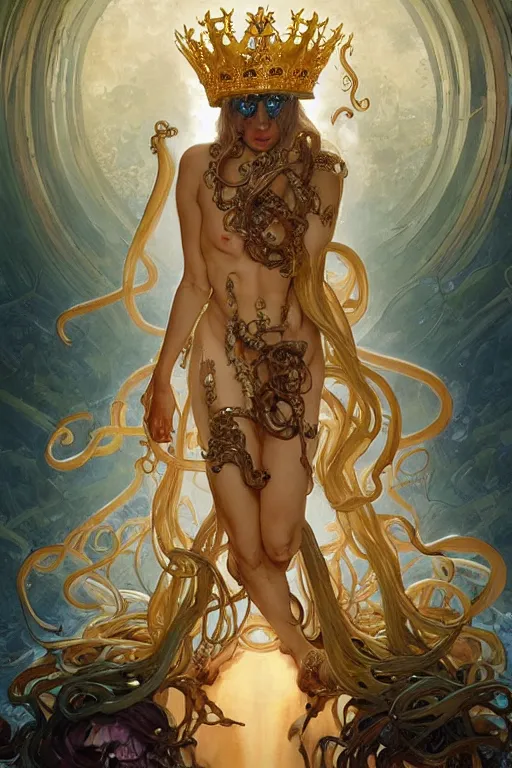 Image similar to Lady Gaga , a golden crown floating above his head, tentacles coming out the ground art by Artgerm and Greg Rutkowski and Alphonse Mucha and Craig Mullins and James Jean and Andrei Riabovitchev and Marc Simonetti and peter mohrbacher, sharp focus, ominous, cosmic horror, trending on artstation, Ultra detailed, hyper realistic 4k