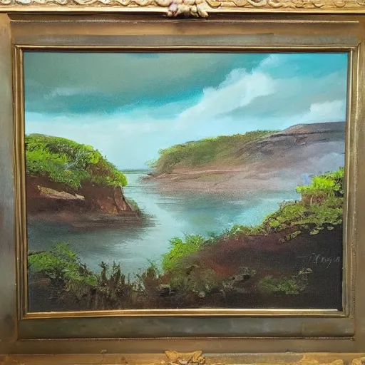 Image similar to painting of a lush natural scene on an alien planet by emma webster. beautiful landscape. weird vegetation. cliffs and water.