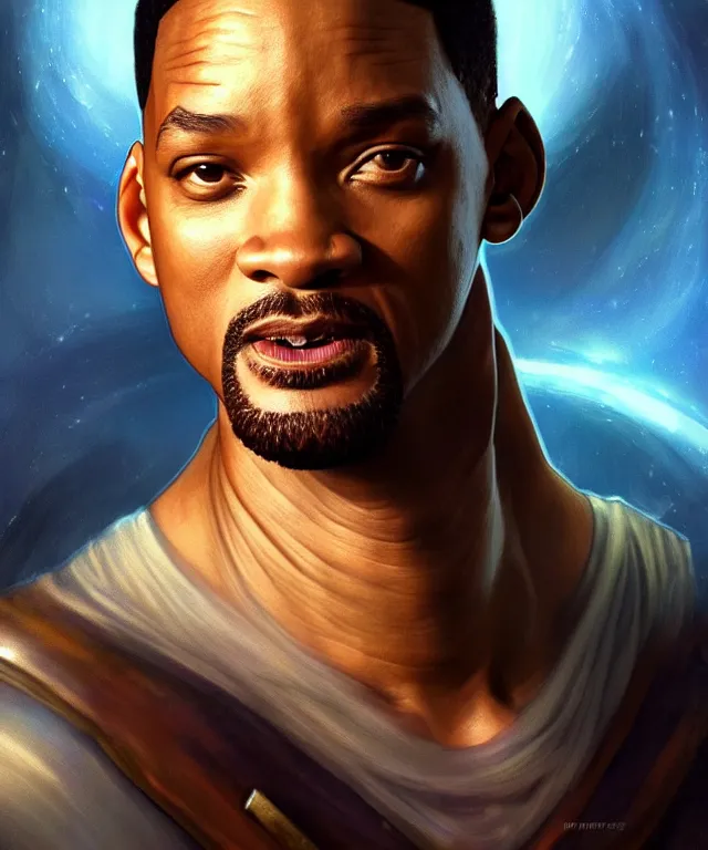 Image similar to Will Smith as a fantasy magic man portrait, sci-fi, amber eyes, face, fantasy, intricate, elegant, highly detailed, digital painting, artstation, concept art, smooth, sharp focus, illustration, art by artgerm and greg rutkowski and alphonse mucha