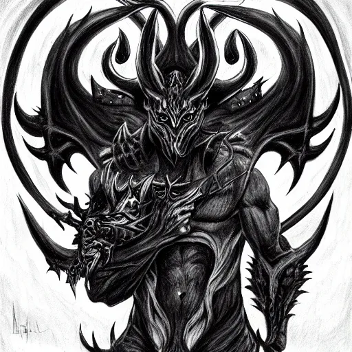 Image similar to full body grayscale drawing by Anato Finnstark of horned demon in heroic pose, swirling flames