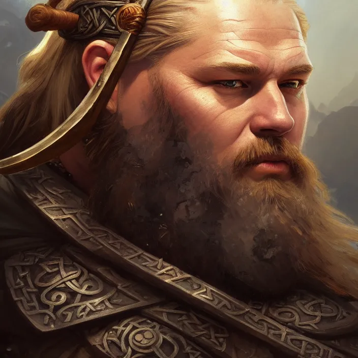 Prompt: excellent painted portrait of the ancient viking emperor of the northlands, character artwork, 8k resolution artwork, trending on artstation, detailed oil painting portrait, art by artgerm and greg rutkowski and alphonse mucha and craig mullins and James Jean and Andrei Riabovitchev and Marc Simonetti and peter mohrbacher