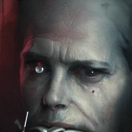 Prompt: case, close - up portrait of an augmented middle aged human smoking a cigarette, neuromancer, painted by seb mckinnon, high detail, dramatic light, digital art, painted by greg rutkowski, promotional movie posterart, trending on artstation