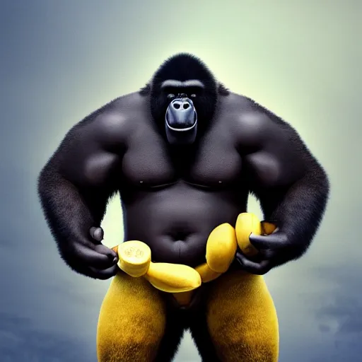 Image similar to big black man with gorilla body eating bananas in the hood, 8k resolution, full HD, cinematic lighting, award winning, anatomically correct